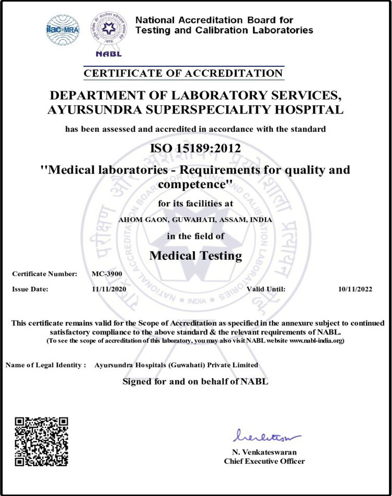 Ayursundra Department of Laboratory services has been assessed and accredited in accordance with the standard ISO 15189:2021