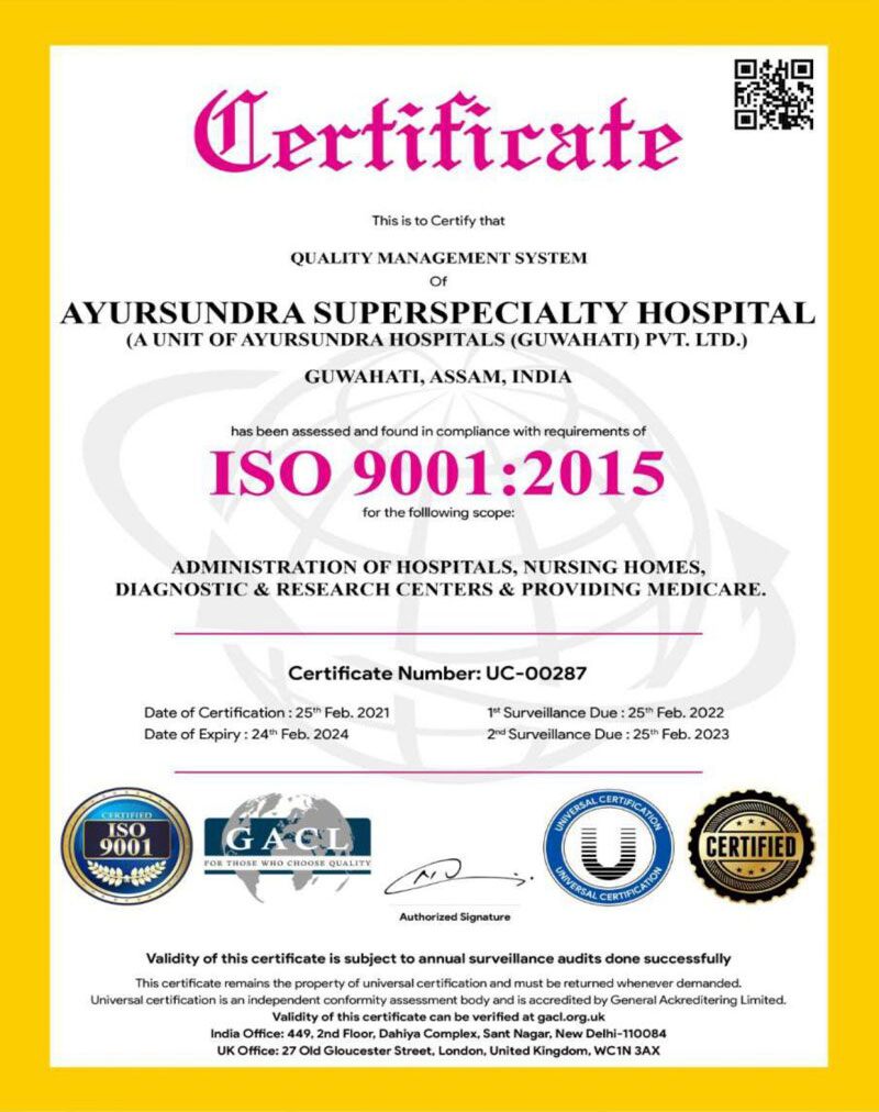 Ayursundra Super Speciality Hospital has been assessed and found in compliance with the requirements of ISO 9001:2015