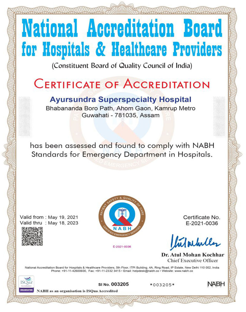 Ayursundra Super Speciality Hospital has been assessed and found to comply with NABH Standard for Emergency Department in hospitals