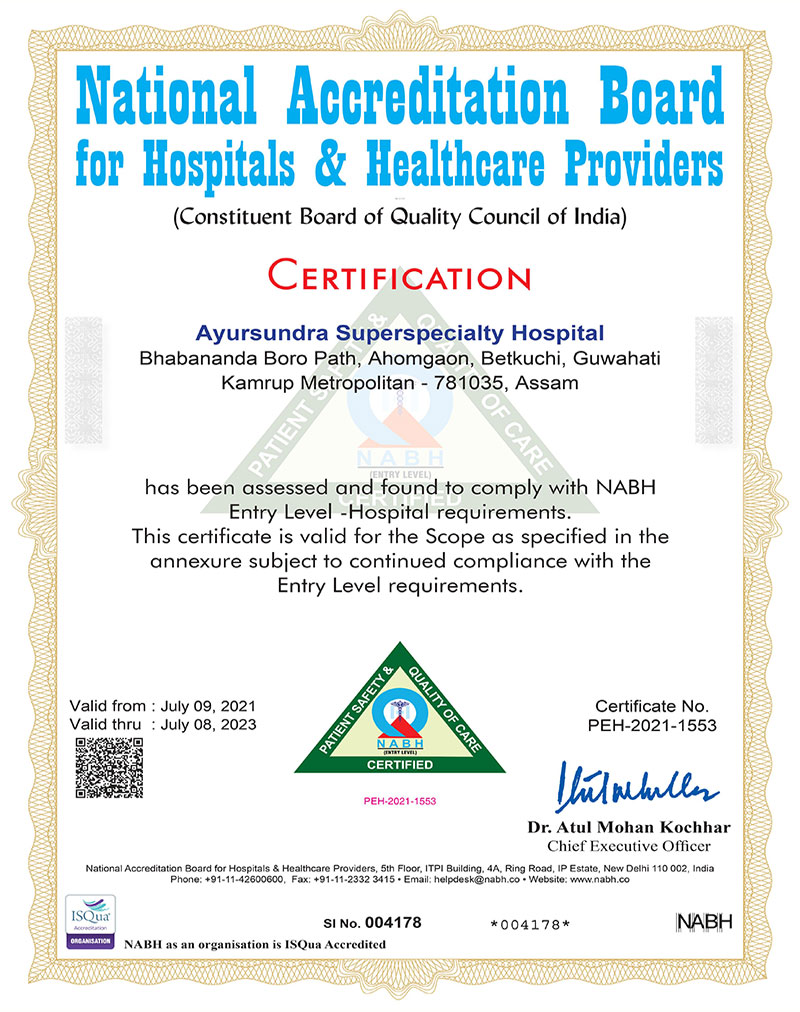 Ayursundra Super Speciality Hospital has been assessed and found to comply with NABH entry level Hospital requirements